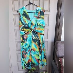 Sheri Martin Dress Sz12 Aqua Print Fit/Flare Zip Flowy SuperFem Church Dress